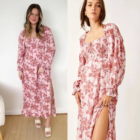NEW Free People Jaymes Midi Dress Pink Floral Smocked Coquette Milkmaid Small - Picture 1 of 11